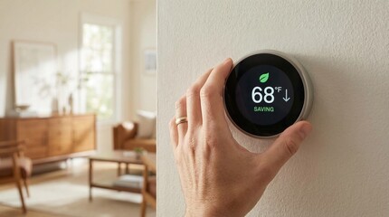 Fototapeta premium Adjusting Smart Thermostat for Energy Efficiency in Modern Living Room Environment