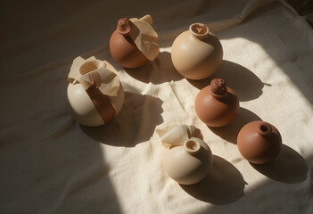 sorry change this format of image,Artistic ceramic pottery still life with paper texture best for creative home decor branding and minimalist editorial design