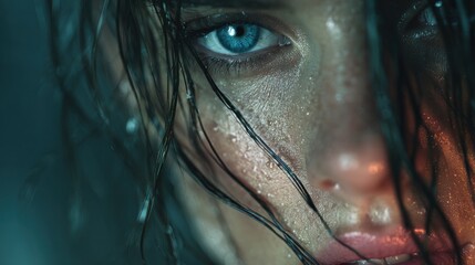 Intense Close-Up of a Young Woman's Face with Striking Blue Eyes and Water Droplets