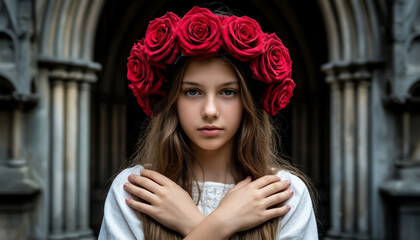 Beautiful Girl Loose Hair Wreath Praying Gothic Church Background