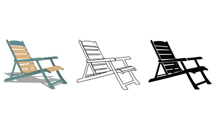 Three different illustrations of a wooden folding beach chair isolated on white