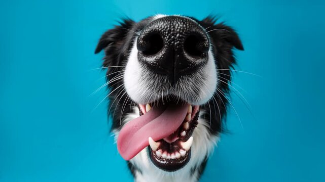 Extreme close-up of a Border Collie dog's nose and mouth. Happy canine panting with tongue out against a blue background. Funny pet portrait and animal health concept