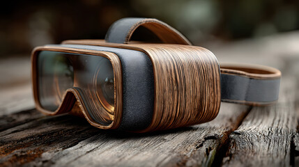 Close up Contemporary Virtual Reality Headset Device on Rustic Wood Surface