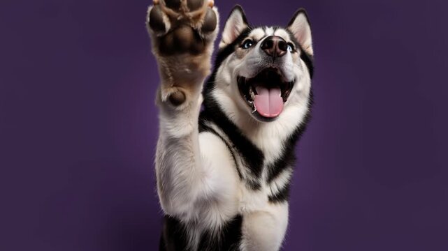 Siberian Husky dog raising its paw toward the camera. Playful pet with blue eyes on a purple background. High five and animal training concept. Copy space for text