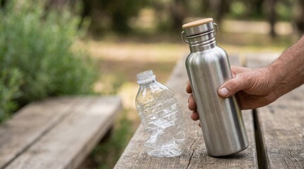 Hand Holding Reusable Water Bottle Near Single-Use Plastic Bottle in Nature, Lifestyle Photography, Close-Up View