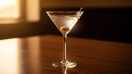 A chilled martini glass with an olive on a skewer, sits on a wooden table