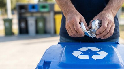 Proper Disposal of Aluminum Cans at a Public Recycling Bin in Urban Environment