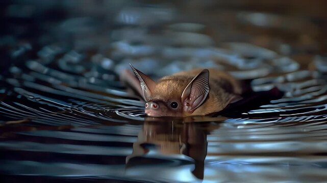 Bat drinks water from a pond at night. Wildlife scene.
