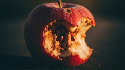 Close-up of a partially eaten red apple, showcasing the core and remnants