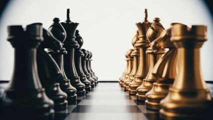 Close-up of black and gold chess pieces facing each other on a checkered board, soft light