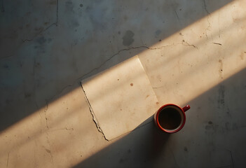 Minimal coffee cup with strong sunlight and shadow best for morning routine branding, calm workspace visuals, and lifestyle editorials,sorry change this format of image