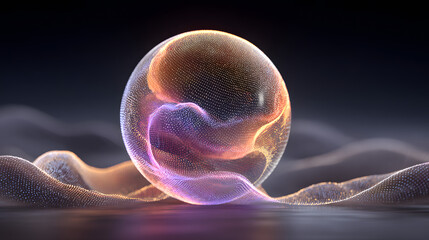 Abstract Digital Sphere with Net Structure Floating Over Wavy Surface Technology