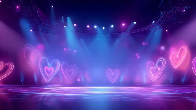 A grand stage adorned with glowing neon pink blue heart lights, creating a vibrant, romantic, and celebratory atmosphere. The luminous heart shapes and bold lighting design evoke love,