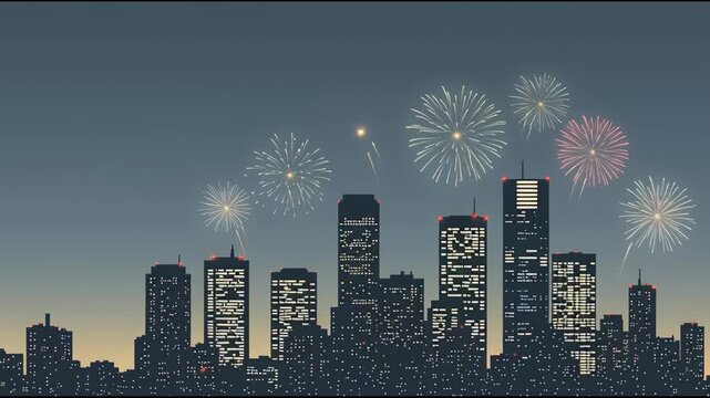 City skyline silhouette with fireworks display against blue night sky