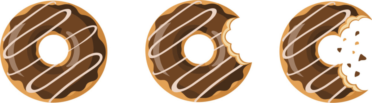 Chocolate glazed donut set with white icing drizzle and bite marks, sweet bakery dessert vector illustration