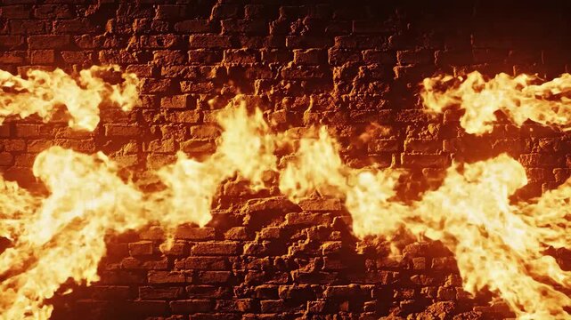 Intense fire blasts against a dark brick wall background