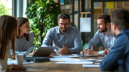 Diverse Team Collaboration: Smiling Professionals Discussing Business Strategy Around Table