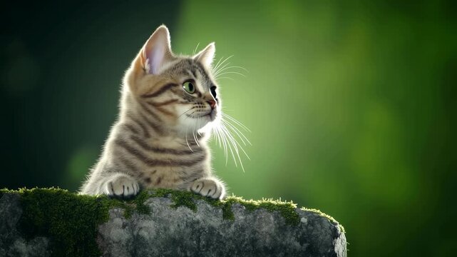 A small cat sits on a stone wall in a garden. It looks around with curiosity, paying attention to what is happening nearby. The setting is well-lit with a natural backdrop