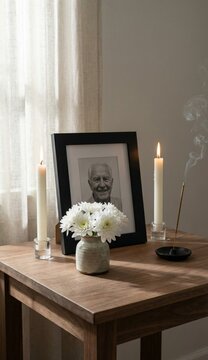 Funeral altar with incense smoke, flowers, and a framed portrait in a serene indoor space  