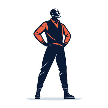 A confident man standing with hands on hips in a bold orange and black jumpsuit