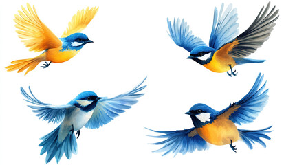 Obraz premium Four colorful birds flying with outstretched wings against a white background in a digital illustration style