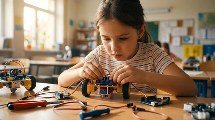 A young girl building a robot in a classroom with various tools and equipment