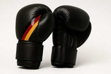 Black Leather Boxing Gloves with German Flag Racing Stripes on Soft White Background