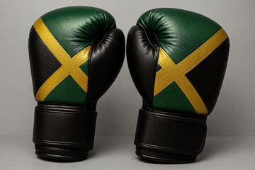 Jamaican Flag Boxing Gloves on Soft Grey Background
