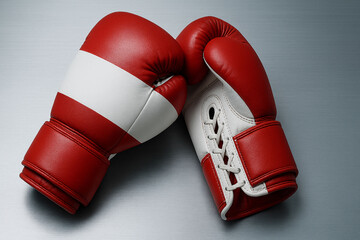Minimalist Austrian Flag Boxing Gloves on Brushed Aluminum Surface