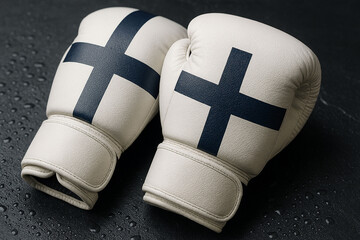White Boxing Gloves with Navy Blue Nordic Cross on Wet Slate Surface
