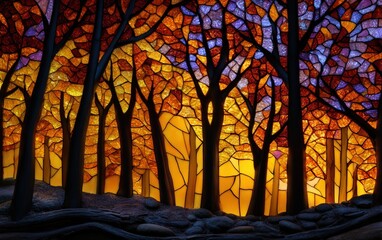 Stained Glass Autumn Forest Mosaic Art
