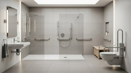 Modern, accessible bathroom with shower, toilet, and sink. Neutral tones, minimalist design