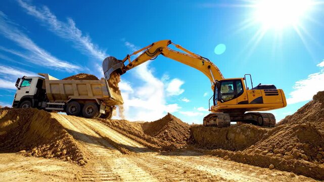 Yellow excavator loading dirt into a dump truck on a sunny construction site