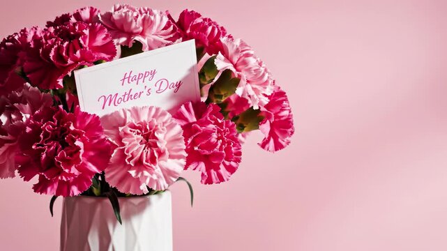 Pink carnation bouquet with happy mothers day card in white vase against soft pink background