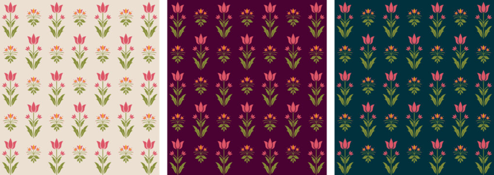 seamless Indian mughal flower motif background. Vector Hand drawn colourful geometric flowers, seamless patterns with floral for fabric, textiles, clothing, wrapping paper, backdrop, banner, illustrat