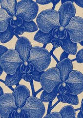 Fototapeta premium Blue orchids detailed floral illustration.