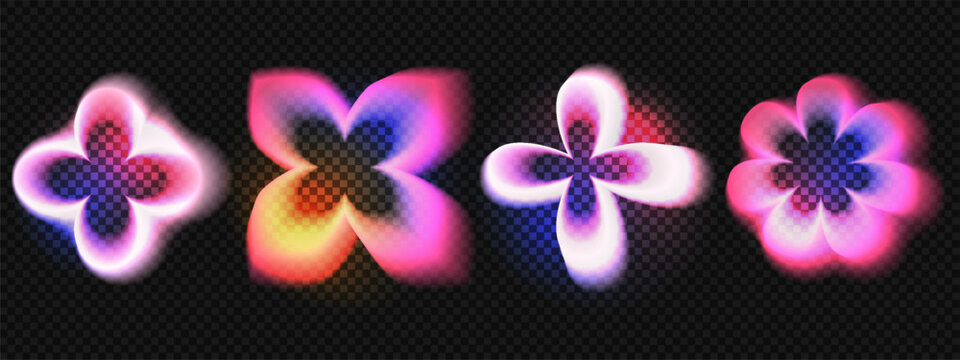 Soft gradient flower shapes for cute blurry frame with lens flare glow. Summer Y2k neon design. Abstract geometric elements and fluid forms for retro stickers and social media decorative graphic