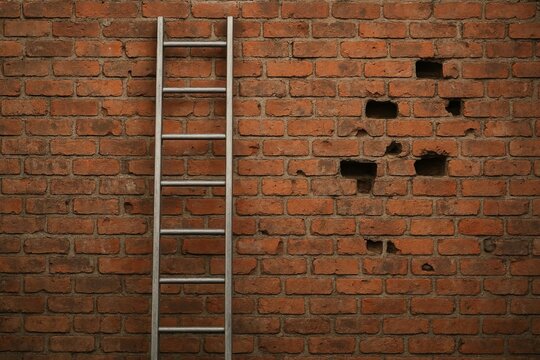 On a brick wall, some bricks are missing along with the stairs.