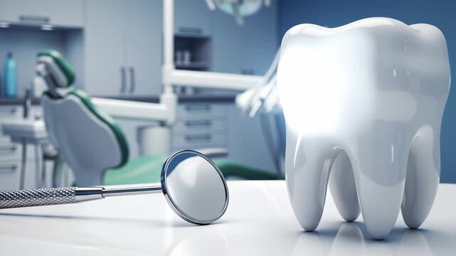 Realistic 3d model of a large white tooth with a dental mirror in a modern dentist office setting