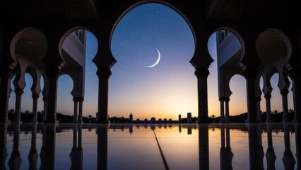 Silhouette of ornate arches framing a crescent moon and starry sky at dusk