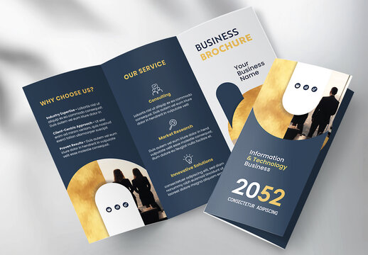 Corporate brochure design template &ndash; Professional modern tri-fold leaflet with geometric layout and business theme in Gold and Dark Blue