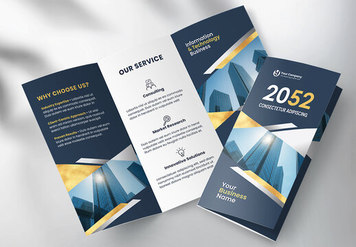 Corporate brochure design template &ndash; Professional modern tri-fold leaflet with geometric layout and business theme in Gold and Dark Blue