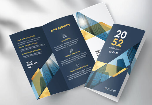 Corporate brochure design template &ndash; Professional modern tri-fold leaflet with geometric layout and business theme in Gold and Dark Blue