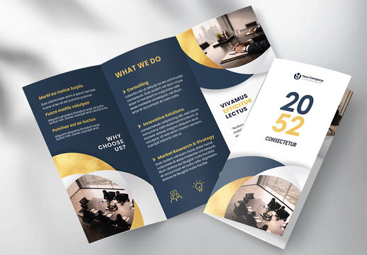 Corporate brochure design template &ndash; Professional modern tri-fold leaflet with geometric layout and business theme in Gold and Dark Blue