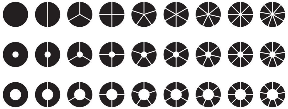Silhouette pie chart icons. Circular pie chart segmentation icons in various split parts for infographic analytics and statistics. Flat style. Vector illustration.