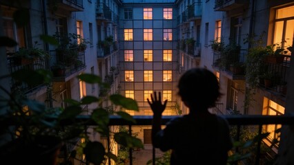 Obraz premium A child's silhouette gazes at a warmly lit apartment courtyard at dusk, perfect for illustrating urban family life or cozy evening moments.
