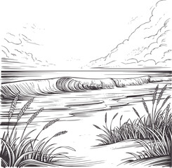 Fototapeta premium Black and wave with coastal grasses and mountainous horizon ocean water