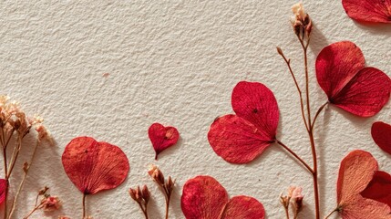  Valentine's card with pressed red flowers framing on paper background