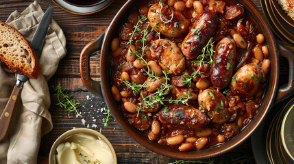Delicious beef stew with mushrooms and beans served in a rustic cast iron pot on a wooden table with fresh herbs and bread