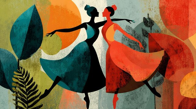Stylized ballet dancers stretching and spinning, flat vector design with boho floral accents and memphis abstract patterns, dynamic yet simple shapes, creative celebration of National Ballet Day